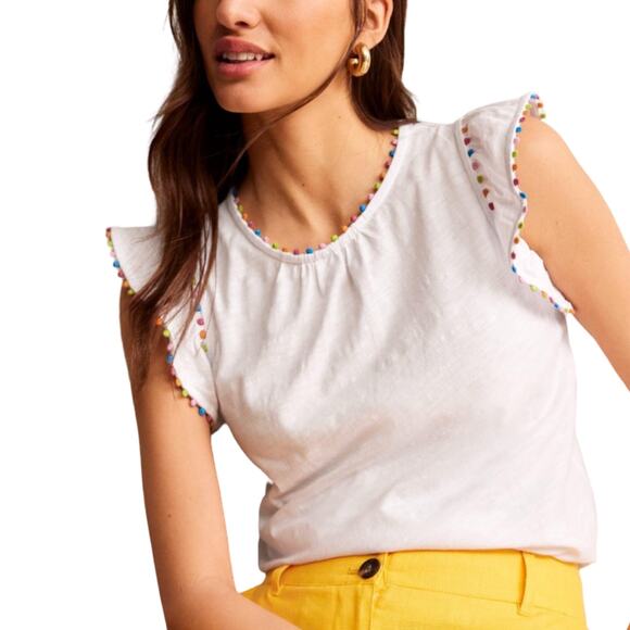 Boden Tops - Boden White Pom Trim Ruffle Sleeve Cotton Top Size US 10